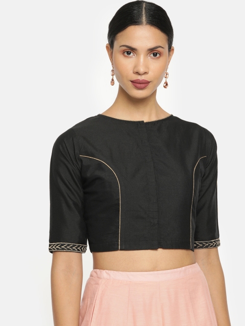 

tantkatha Women Black Woven Design Saree Blouse With Embroidered Back Detailing
