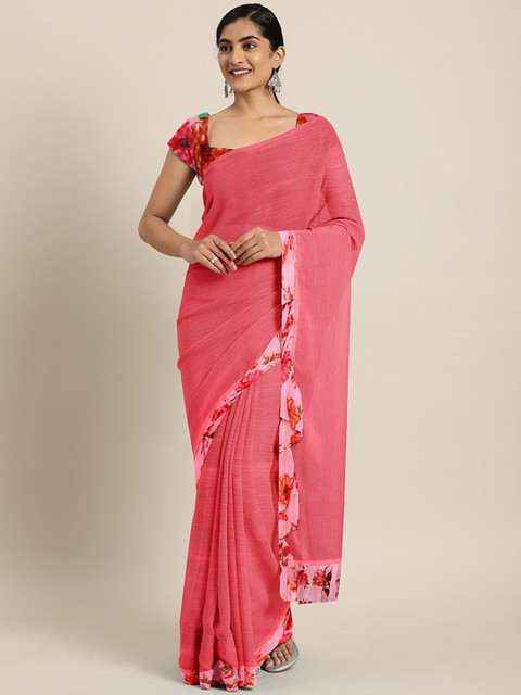 

Triveni Pink Solid Poly Chiffon Saree With Ruffle Detailing