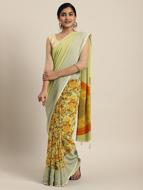 

Triveni Yellow Printed Poly Georgette Half & Half Saree