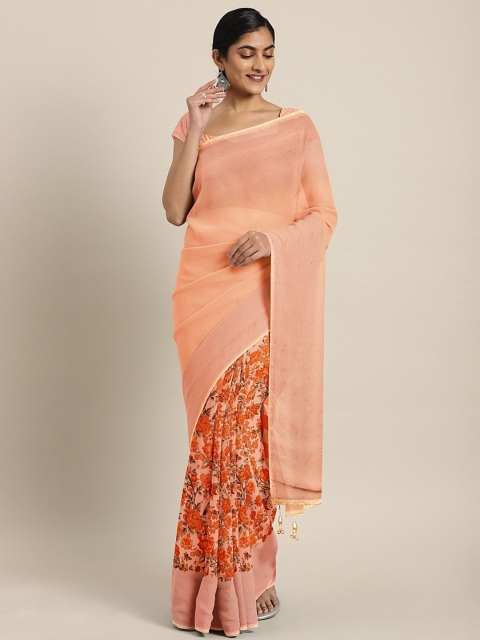 

Triveni Peach-Coloured & Orange Printed Poly Georgette Half & Half Saree