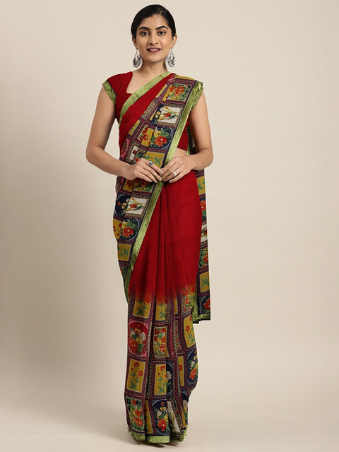

Triveni Red Printed Poly Georgette Saree