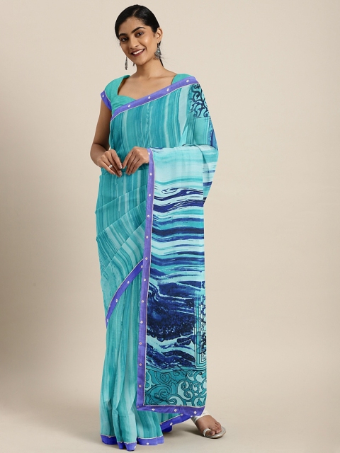 

Triveni Blue Printed Poly Georgette Saree