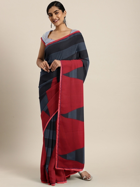 

Triveni Navy Blue & Red Poly Georgette Striped Saree
