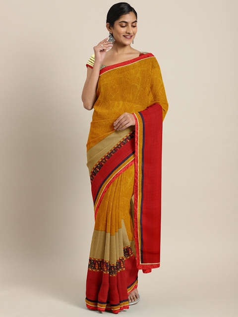 

Triveni Mustard Yellow & Brown Poly Georgette Printed Saree