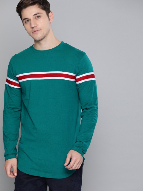 

DILLINGER Men Teal Green White Striped Round Neck Pure Cotton T-shirt