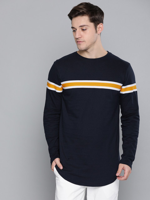 

DILLINGER Men Navy Blue Yellow Striped Round Neck Pure Cotton T-shirt