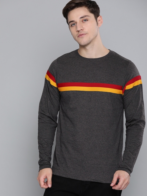 

DILLINGER Men Charcoal Grey Striped Round Neck T-shirt