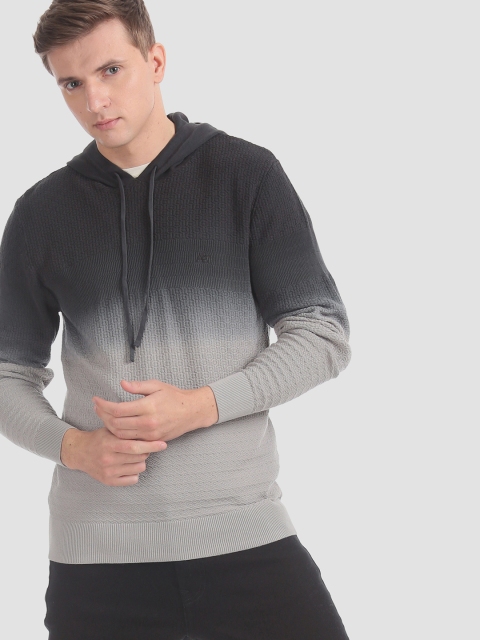 

Aeropostale Men Grey & Black Ombre Dyed Pullover Hooded Sweater