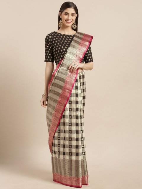 

Varkala Silk Sarees Black & Off-White Silk Blend Checked Kanjeevaram Saree