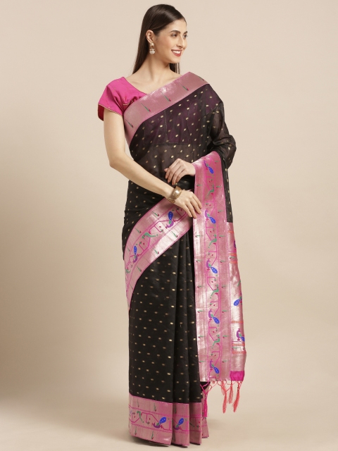 

Varkala Silk Sarees Black & Pink Cotton Blend Woven Design Paithani Saree