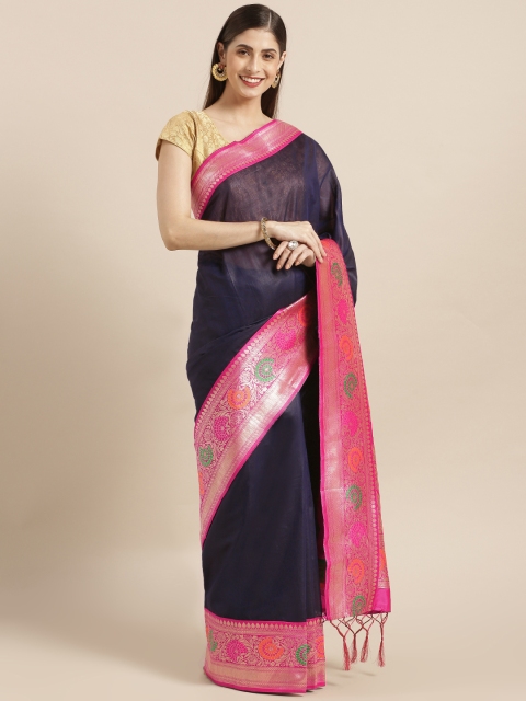 

Varkala Silk Sarees Navy Blue & Pink Cotton Blend Solid Banarasi Saree