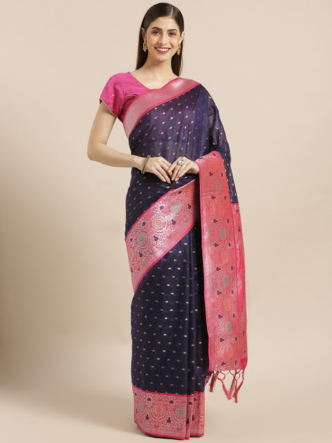 

Varkala Silk Sarees Navy Blue & Pink Cotton Blend Woven Design Banarasi Saree