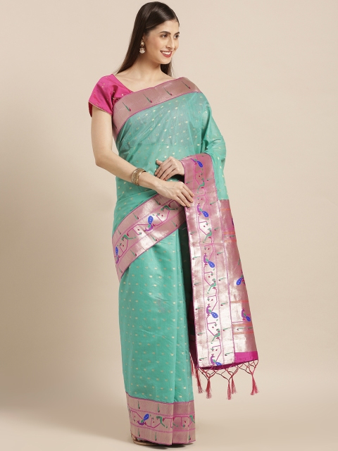 

Varkala Silk Sarees Sea Green & Pink Cotton Blend Woven Design Paithani Saree