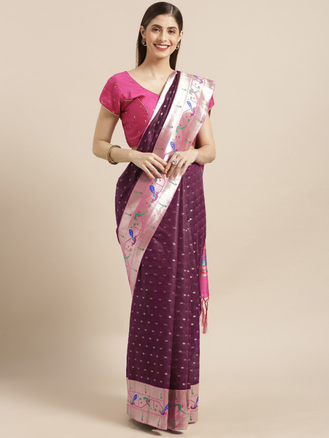 

Varkala Silk Sarees Burgundy & Pink Cotton Blend Woven Design Paithani Saree
