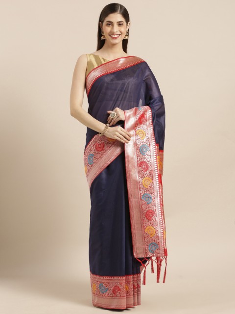 

Varkala Silk Sarees Navy Blue Cotton Blend Woven Design Banarasi Saree