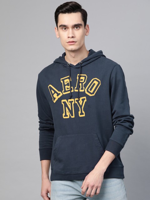 

Aeropostale Men Navy Blue & Mustard Yellow Printed Hooded Sweatshirt