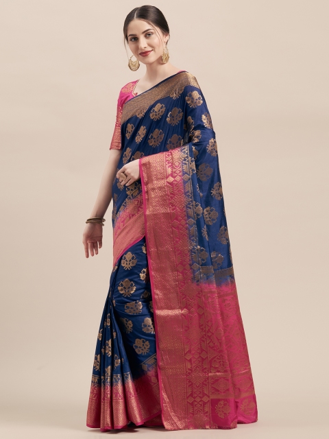

Shaily Navy Blue & Pink Silk Blend Woven Design Saree
