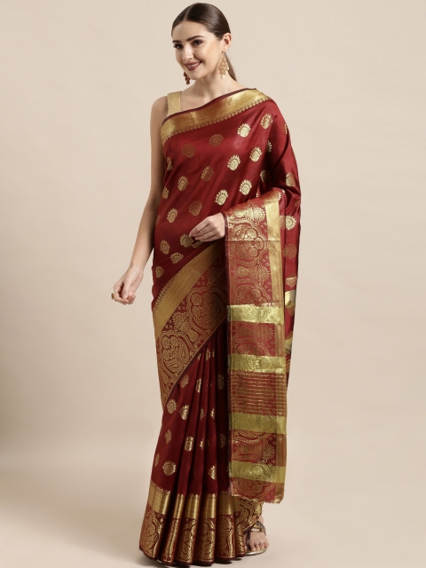 

KALINI Maroon & Golden Poly Silk Woven Design Kanjeevaram Saree
