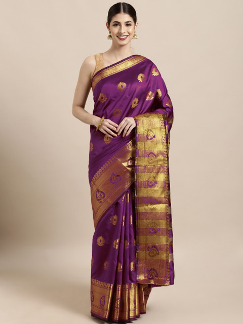 

Satrani Purple & Gold-Toned Poly Silk Woven Design Kanjeevaram Saree