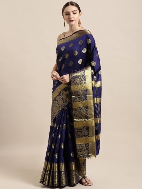 

Satrani Navy Blue & Golden Poly Silk Woven Design Kanjeevaram Saree