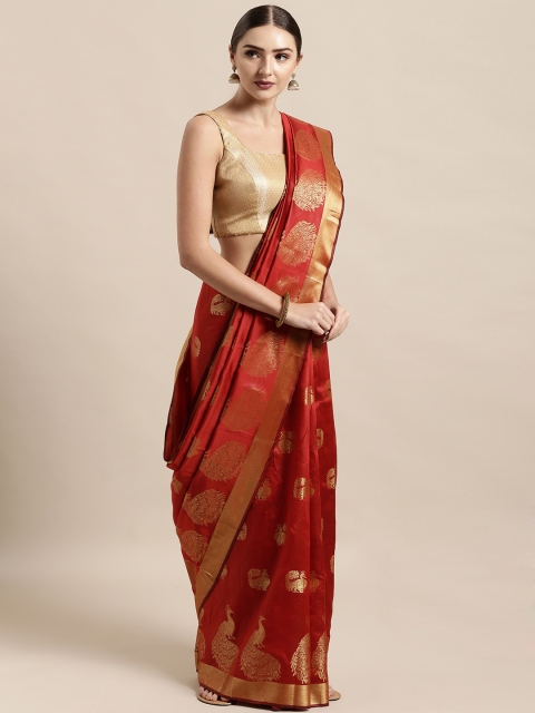 

Satrani Maroon & Golden Poly Silk Woven Design Kanjeevaram Saree