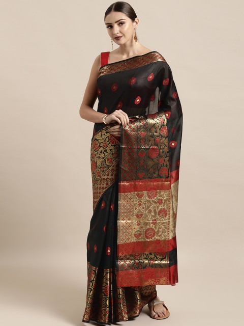 

Satrani Black & Maroon Silk Blend Woven Design Kanjeevaram Saree