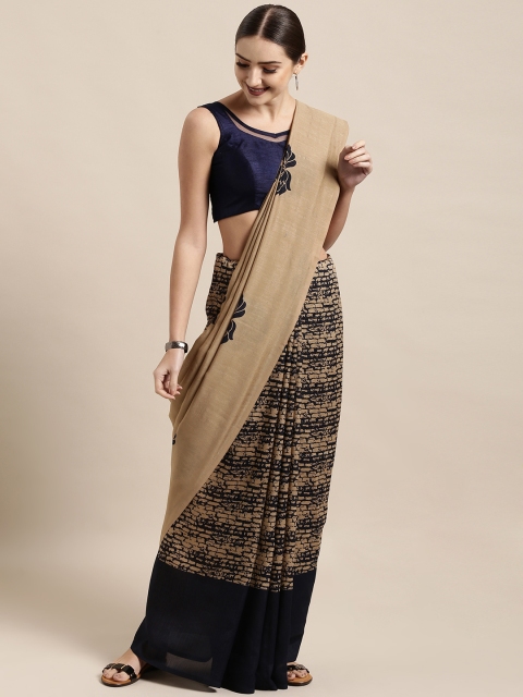 

Satrani Beige & Navy Blue Poly Georgette Printed Saree