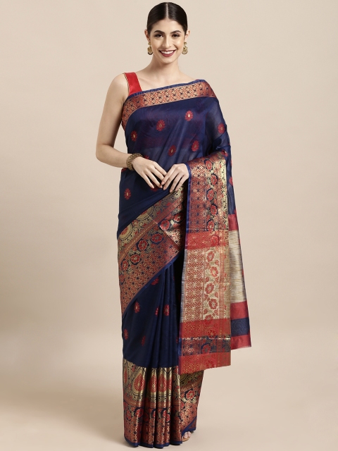 

Satrani Navy Blue Silk Blend Woven Design Kanjeevaram Saree