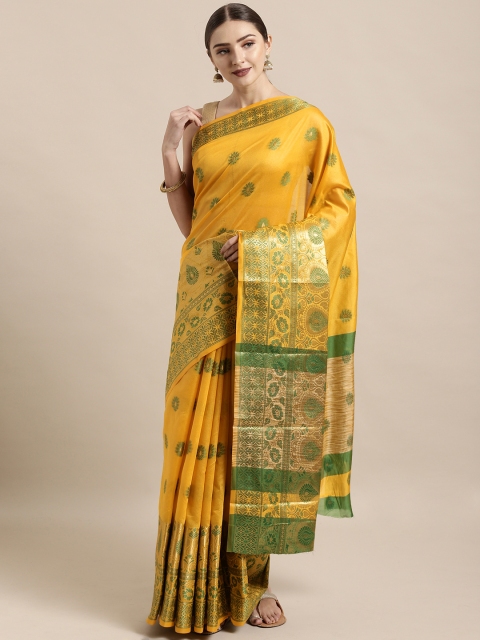 

Satrani Mustard Yellow & Green Silk Blend Woven Design Kanjeevaram Saree