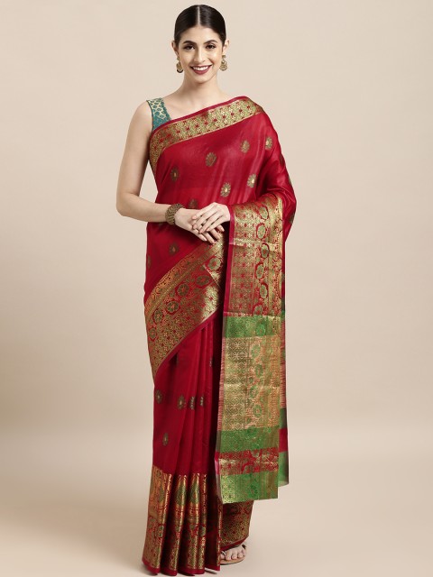 

Satrani Red & Green Silk Blend Woven Design Kanjeevaram Saree