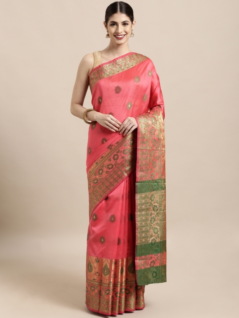 

Satrani Peach-Coloured & Green Silk Blend Woven Design Kanjeevaram Saree