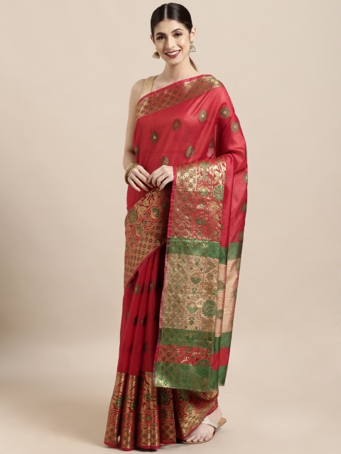 

Satrani Red Silk Blend Woven Design Kanjeevaram Saree