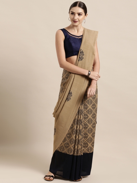 

Satrani Beige & Navy Blue Poly Georgette Printed Saree