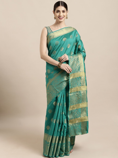 

Satrani Turquoise Blue & Golden Poly Silk Woven Design Kanjeevaram Saree