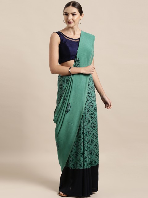 

Satrani Green & Navy Blue Poly Georgette Printed Saree