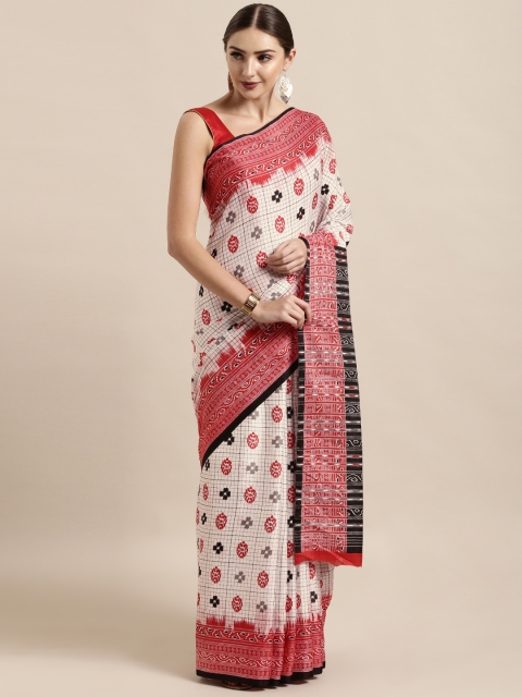 

Satrani White & Red Art Silk Printed Ikat Saree
