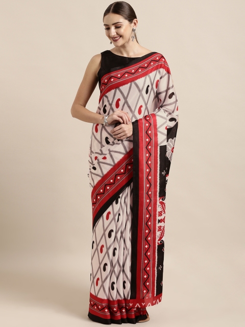 

Satrani White & Red Art Silk Printed Ikat Saree