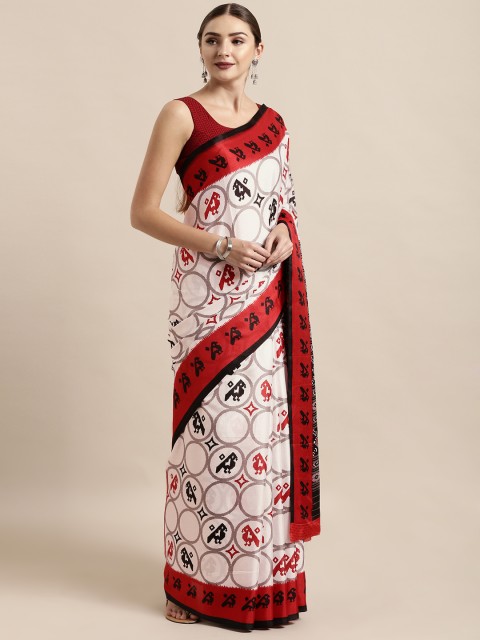 

Satrani White & Red Art Silk Printed Saree