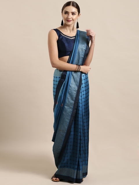 

Satrani Teal Blue & Black Poly Chiffon Checked Saree