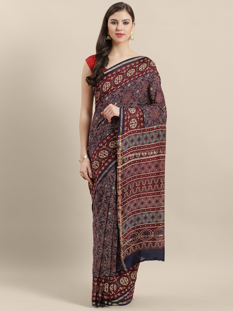 

Nakshi Navy Blue & Red Printed Chanderi Saree