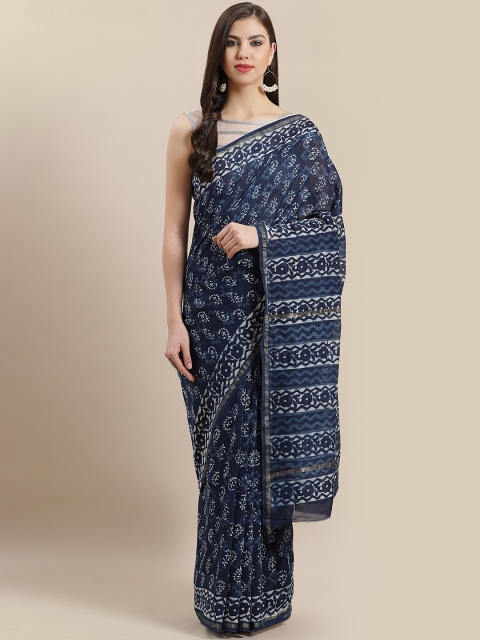 

Nakshi Navy Blue & Off-White Printed Chanderi Saree