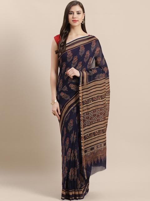 

Nakshi Navy Blue & Beige Printed Chanderi Saree