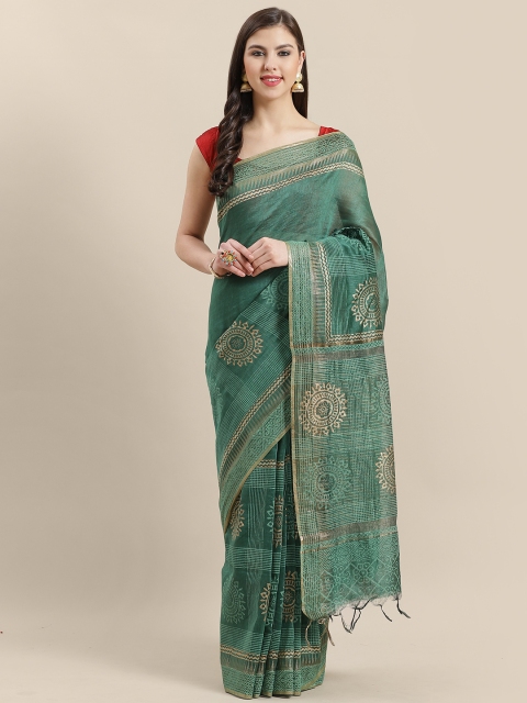 

Nakshi Green & Golden Handloom Linen Printed Saree