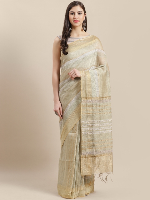 

Nakshi Green & Golden Pure Linen Striped Saree