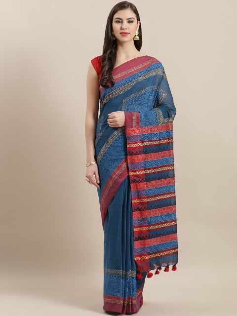 

Nakshi Teal Blue & Red Printed Saree