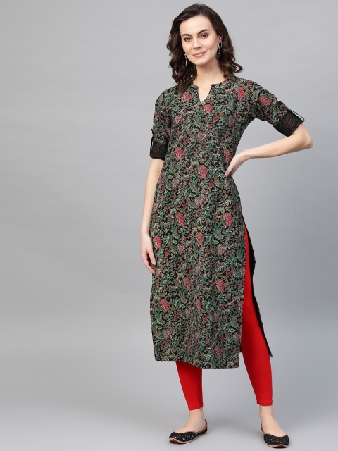 

Indo Era Women Black & Green Khari Print Straight Kurta