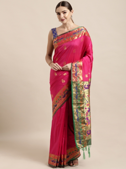 

Satrani Pink & Golden Poly Silk Woven Design Paithani Saree