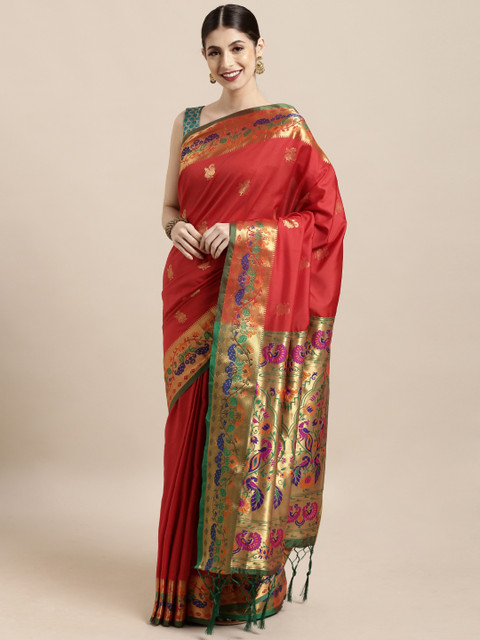 

Satrani Red Poly Silk Woven Design Paithani Saree