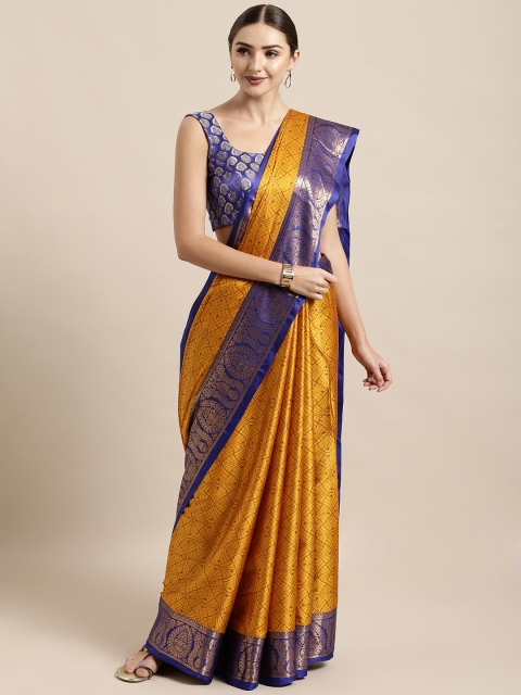 

Satrani Mustard Yellow Poly Silk Woven Design Kanjeevaram Saree