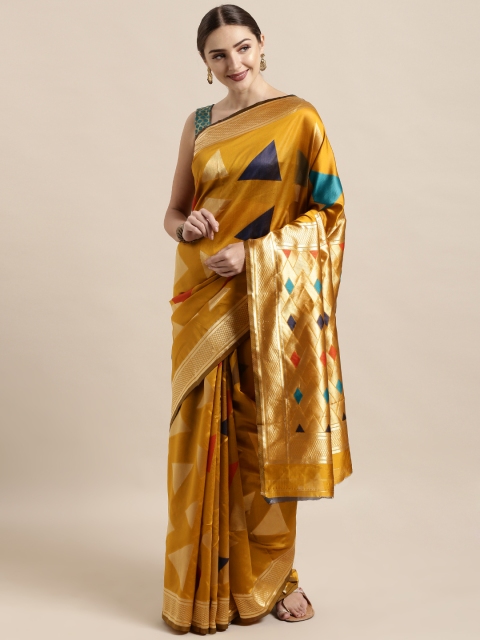 

Satrani Mustard Yellow & Gold-Toned Poly Silk Woven Design Kanjeevaram Saree